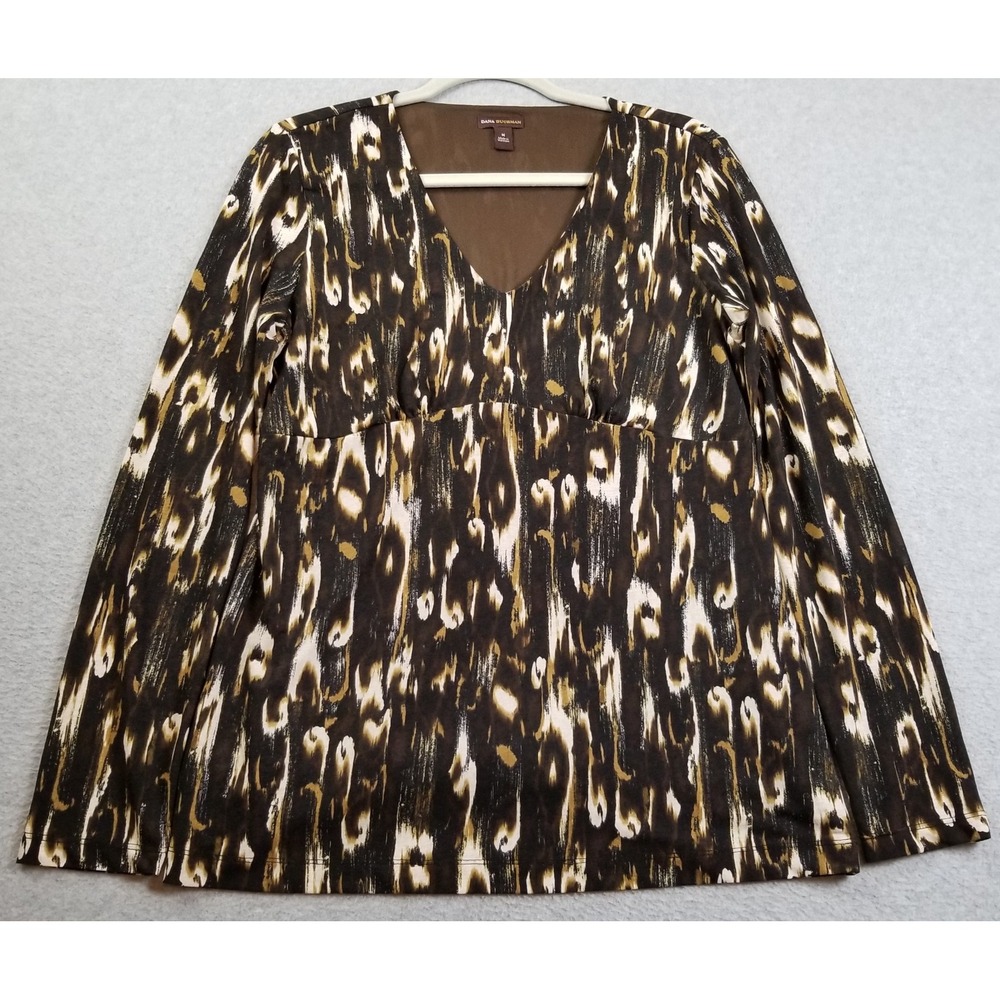 DANA BUCHMAN Top Women's Medium Ikat Abstract Long Sleeve V Neck Stretch Blouse